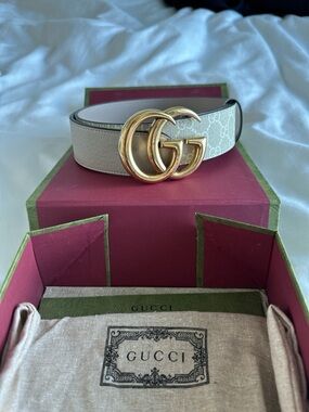 Gucci Beige GG Canvas Belt with Gold Double G Buckle